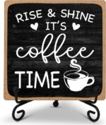 Charming Farmhouse Coffee Bar Sign - "Rise & Shine It's Coffee Time" 5"x5" Wooden Plaque with Stand - Perfect Gift for Home Kitchen Decor
