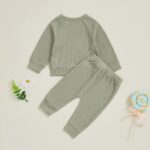 Infant/Toddler Winter and Fall Outfit Set: Solid Button Long Sleeve Sweatshirt with Elastic Waist Pants, 2-Piece Waffle Design - Image 7