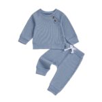 Infant/Toddler Winter and Fall Outfit Set: Solid Button Long Sleeve Sweatshirt with Elastic Waist Pants, 2-Piece Waffle Design - Image 8
