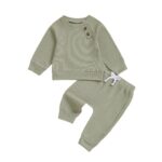 Infant/Toddler Winter and Fall Outfit Set: Solid Button Long Sleeve Sweatshirt with Elastic Waist Pants, 2-Piece Waffle Design