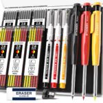 3PCS Heavy Duty Carpenter Pencils Set with Sharpener & 39 Refills - Deep Hole Long Nib Marker Pens for Architects - Includes Case (Red, Black, Yellow)