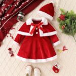 Girls' Christmas Dress Set with Long Sleeves, O-Neck Design, Santa Hat, and Cape Shawl - Image 5