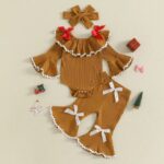 Baby Girls 3-Piece Gingerbread Man Outfit Set with Long Sleeve Jumpsuit, Headband, and Elastic Waist Flared Pants - Image 2