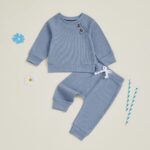 Infant/Toddler Winter and Fall Outfit Set: Solid Button Long Sleeve Sweatshirt with Elastic Waist Pants, 2-Piece Waffle Design - Image 4