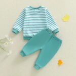 Toddler Boy Fall Outfit Set: Striped Long Sleeve Pullover with Dinosaur Embroidery and Elastic Waist Long Pants (2 Pieces) - Image 3
