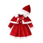 Girls' Christmas Dress Set with Long Sleeves, O-Neck Design, Santa Hat, and Cape Shawl - Image 2