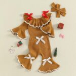 Baby Girls 3-Piece Gingerbread Man Outfit Set with Long Sleeve Jumpsuit, Headband, and Elastic Waist Flared Pants - Image 4
