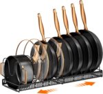 Expandable Pots and Pans Organizer Rack - Adjustable Kitchen Cabinet Holder for Pot Lids and Bakeware with 10 Compartments