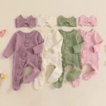 Newborn Baby Girl Fall Ensemble - Solid Ribbed Long Sleeve Zipper Front Footed Jumpsuit with Bow Headband Set - Image 2