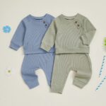 Infant/Toddler Winter and Fall Outfit Set: Solid Button Long Sleeve Sweatshirt with Elastic Waist Pants, 2-Piece Waffle Design - Image 2