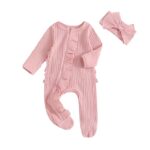 Newborn Baby Girl Fall Ensemble - Solid Ribbed Long Sleeve Zipper Front Footed Jumpsuit with Bow Headband Set