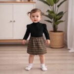 Toddler Girls' Fall 2-Piece Set: Solid Ribbed Long Sleeve Mock Neck Top with Plaid Elastic Waist Skirt - Image 3
