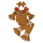 Baby Girls 3-Piece Gingerbread Man Outfit Set with Long Sleeve Jumpsuit, Headband, and Elastic Waist Flared Pants