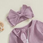 Newborn Baby Girl Fall Ensemble - Solid Ribbed Long Sleeve Zipper Front Footed Jumpsuit with Bow Headband Set - Image 7