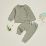Infant/Toddler Winter and Fall Outfit Set: Solid Button Long Sleeve Sweatshirt with Elastic Waist Pants, 2-Piece Waffle Design - Image 6