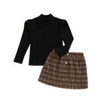 Toddler Girls' Fall 2-Piece Set: Solid Ribbed Long Sleeve Mock Neck Top with Plaid Elastic Waist Skirt