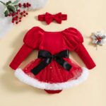 Baby Girls' Christmas Romper Dress with Patchwork Sequins, Star and Moon Design, Long Sleeve, Includes Headband, 3M-24M - Image 3