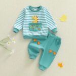 Toddler Boy Fall Outfit Set: Striped Long Sleeve Pullover with Dinosaur Embroidery and Elastic Waist Long Pants (2 Pieces) - Image 2