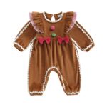 Christmas Infant Baby Girl Gingerbread Man Romper with Ruffle Long Sleeves and Contrast Color Jumpsuit