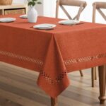 Burnt Orange Rectangle Linen Polyester Fall Thanksgiving Tablecloth with Decorative Cutouts Waterproof Stain Resistant Table Cloth 60X84 Inch Farmhouse Style for Dining Wedding Party
