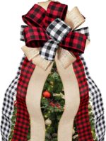 Large Buffalo Plaid Burlap Red and Black Christmas Tree Topper Gift Bow - Handmade Holiday Decoration (13 x 29 Inch)