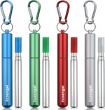 Ultimate Cruise Ship Essentials: 4-Pack Reusable Collapsible Stainless Steel Straws with Aluminum Case, Cleaning Brush, and Keychains in Vibrant Colors!