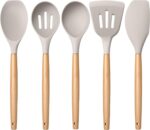 5-Piece Silicone Cooking Utensils Set with Wooden Handle - Nonstick, Heat Resistant Kitchen Tools in Khaki