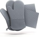 Cosy House 4-Piece Heat Resistant Silicone Oven Mitt & Pot Holder Set - Flexible, Durable, Comfortable - Perfect for Cooking, Baking & Grilling (Grey)