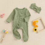 Newborn Baby Girl Fall Ensemble - Solid Ribbed Long Sleeve Zipper Front Footed Jumpsuit with Bow Headband Set - Image 4