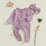 Newborn Baby Girl Fall Ensemble - Solid Ribbed Long Sleeve Zipper Front Footed Jumpsuit with Bow Headband Set - Image 5