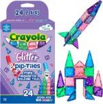 Crayola Mini Magnetic Pip-Tiles - 24-Piece Glitter Building Set for Kids, STEM Travel Toys for Ages 3+