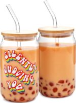 Set of 2 Clear Drinking Glasses with Bamboo Lids & Glass Straws - Perfect for Iced Coffee, Beer, Cocktails & More - Ideal Funny Gift!
