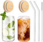 Stylish 16Oz Drinking Glasses Set with Bamboo Lids & Glass Straws - Perfect for Beer, Iced Coffee, and Soda - Includes 1 Cleaning Brush - 2PCS Gift Set