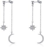 Celestial Elegance: 925 Sterling Silver Moon and Star Dangle Earrings with Sparkling Cubic Zirconia - Perfect Wedding and Gift Jewelry for Women