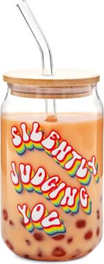 Set of 2 Clear Drinking Glasses with Bamboo Lids & Glass Straws - Perfect for Iced Coffee, Beer, Cocktails & More - Ideal Funny Gift! - Image 8